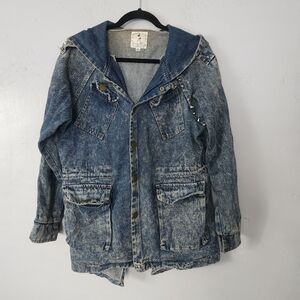 Vintage Y2K Body Line Denim Hooded Spiked Blazer Style Jean Jacket M/L